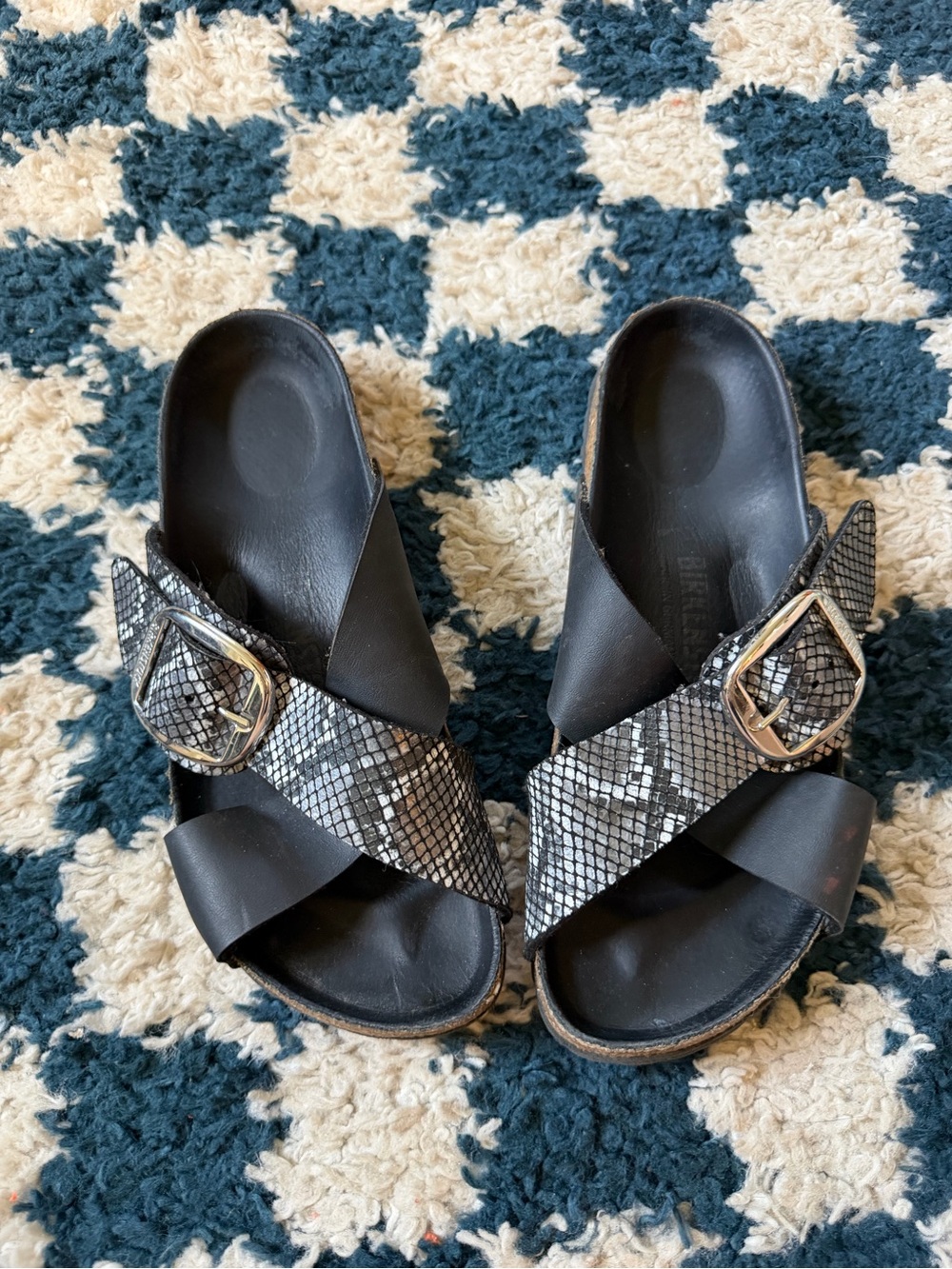 Birkenstock Siena big buckle black python sandals, size 38/7
